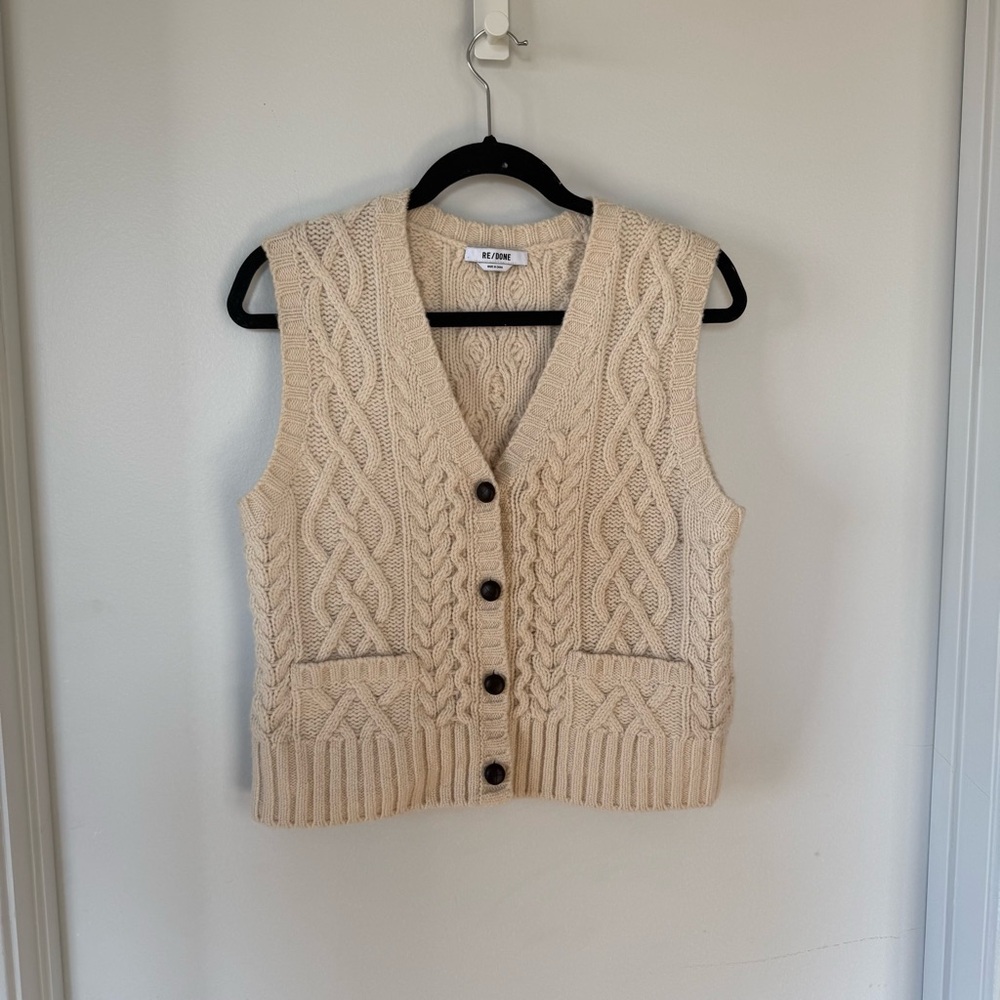 Re/Done Cream Cable Knit Sweater Vest
